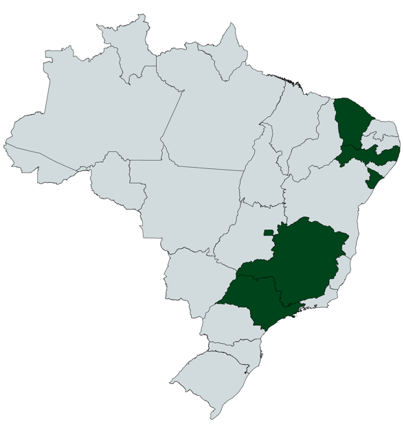Mapa do Brasil destacando Ceará, Pernambuco, Distrito Federal, Minas Gerais, São Paulo e Sergipe